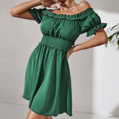 Elastic Waist, Short Sleeve, One Shoulder Dress