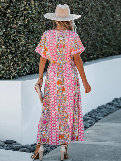 Paisley Floral Print Belted Short Sleeve Maxi Dress