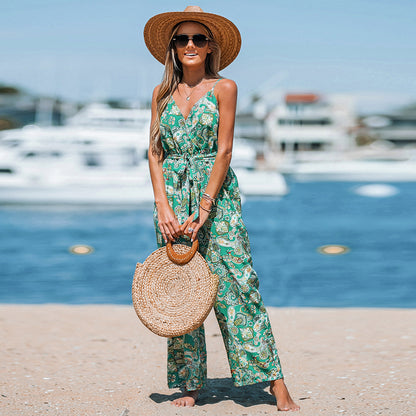 Long Green Paisley Print Belted Jumpsuit
