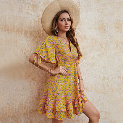 Short Dress, Yellow Chiffon, Short Sleeve, V-Neck, Floral Print