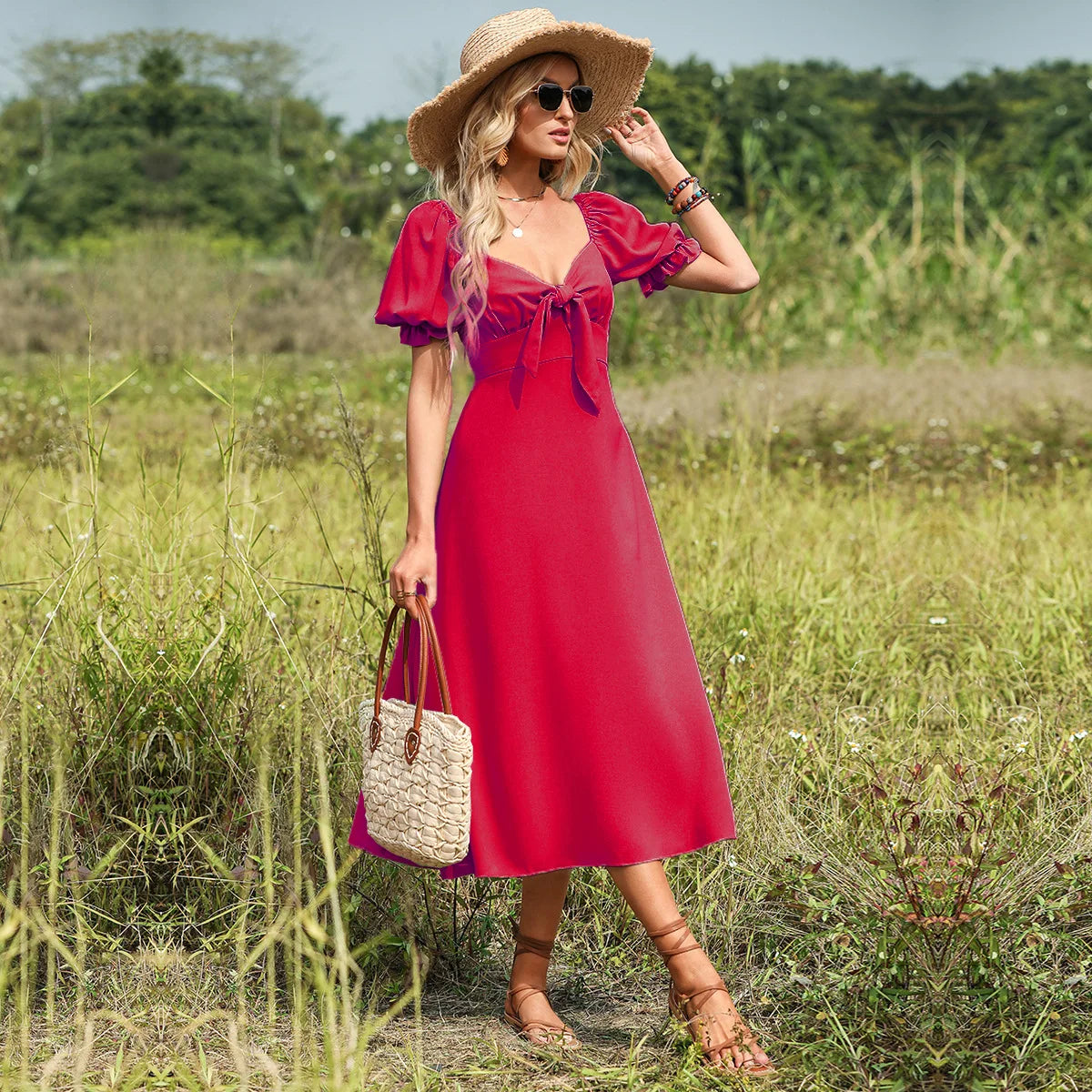 Vestido con Escote en V y Lazo Liso de Corte en A