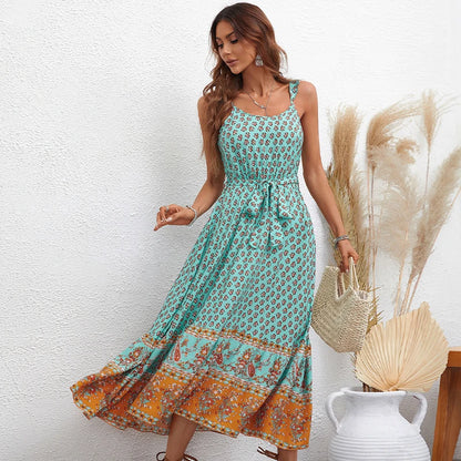 Vestido Bohemio sin Mangas con Estampado Floral y Laso