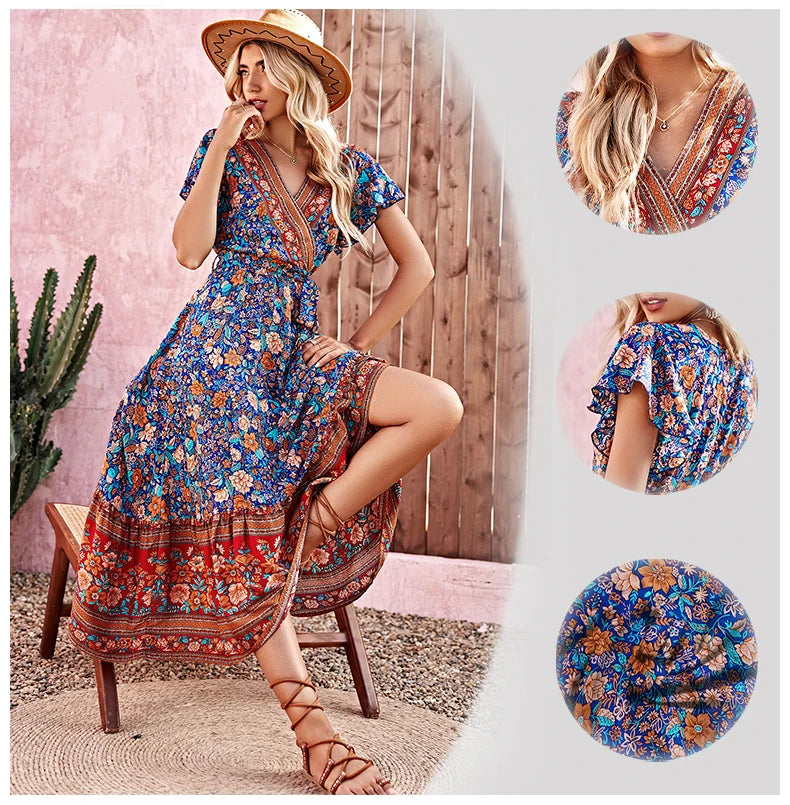 Vestido Bohemio Hippie con Estampado Floral y Escote en V