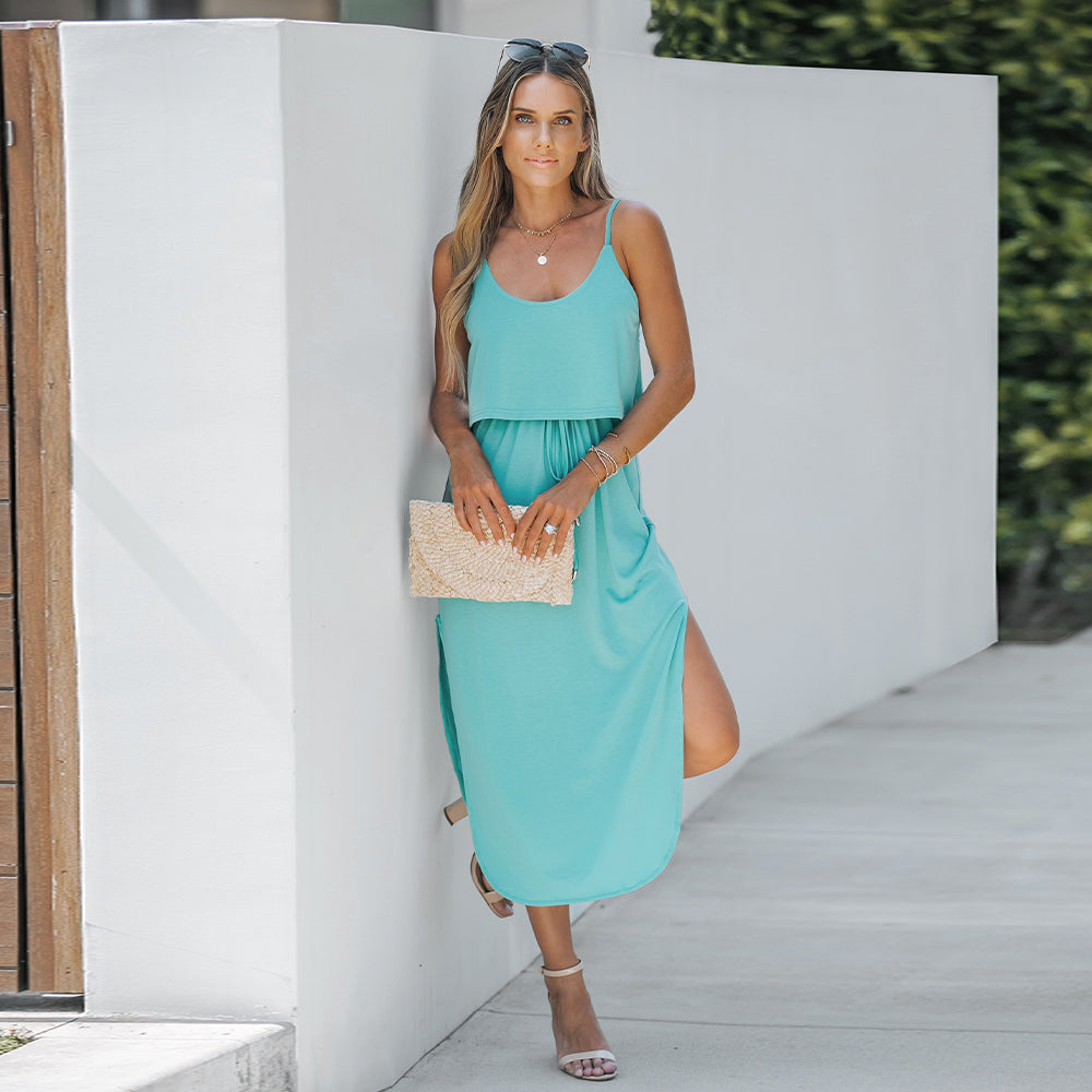 Light Blue Midi Dress with Thin Straps with Drawstring and Round Neck