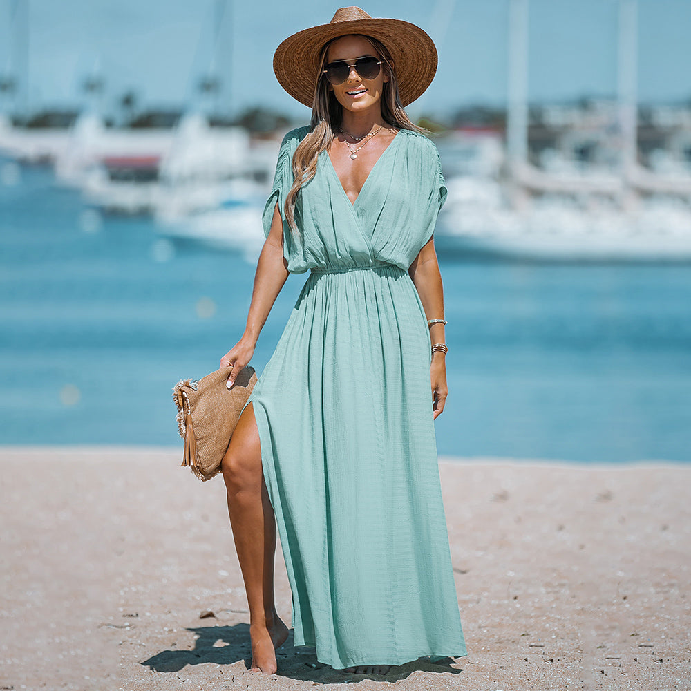 Short Sleeve Ruched Maxi Dress with Elastic Waist