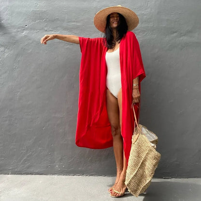 Red Kimono Long Beach Maxi Dress Loose Cardigan