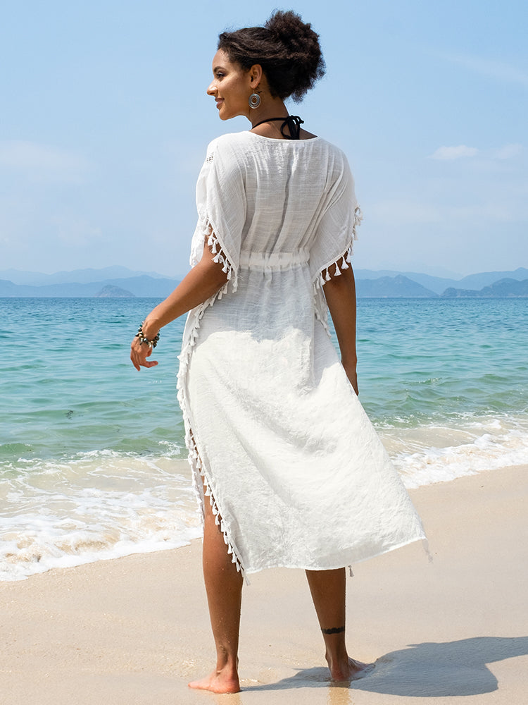 Caftan with Loose Waist and White Tassel Cord