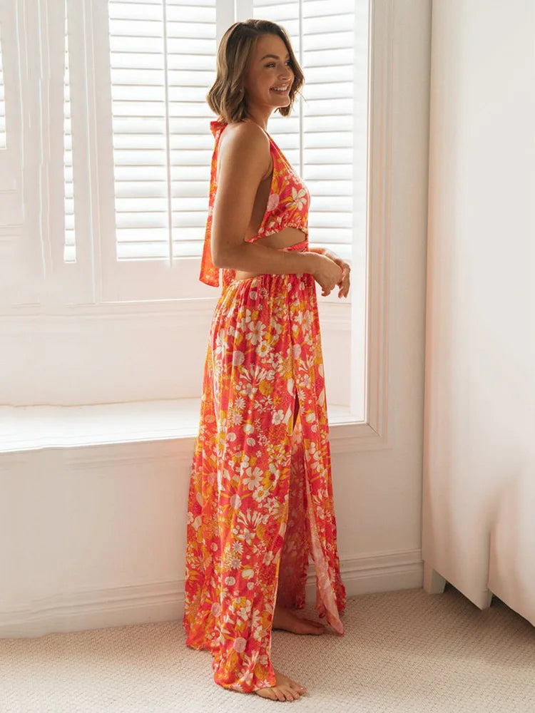 Sleeveless Long Dress with Floral Print Halter Openwork and Medium Hoop