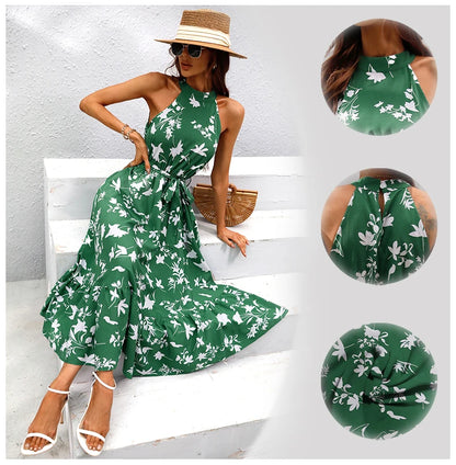 Halter Neck Sleeveless Floral Print Long Dress