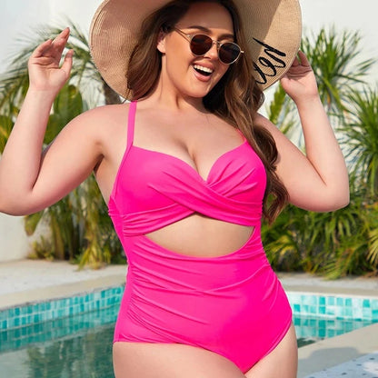 Sexy Plain Swimsuit with V-Neck and Push-Up - Plus Size