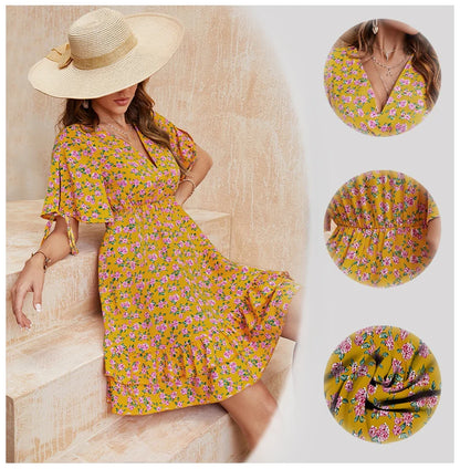 Short Dress, Yellow Chiffon, Short Sleeve, V-Neck, Floral Print