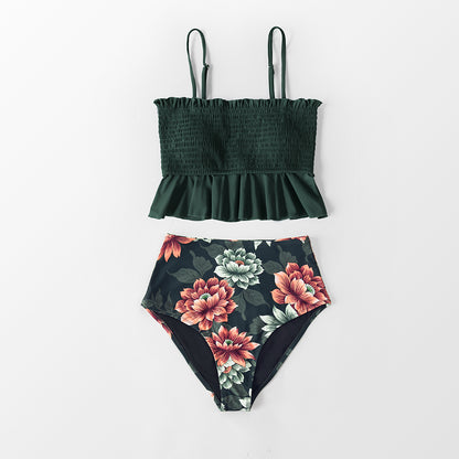 Floral Dark Green Corrugated Ruffled Tankini - High Waist