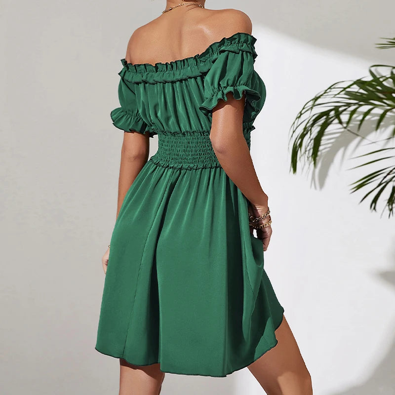 Vestido Verde con Pliegues y Cintura Elástica