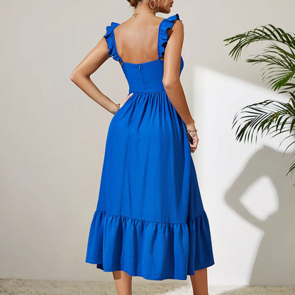 Blue Plain Jacquard Dress with Sexy Slit