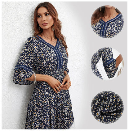 Cashmere Print Dress with Semi-Long Sleeves