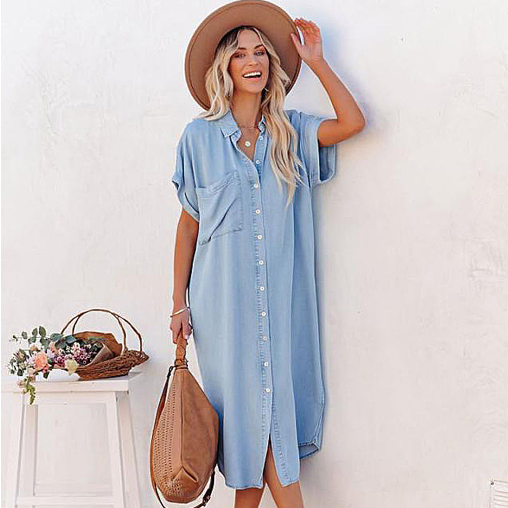 Loose Fit Shirt Collar Bell Sleeve Midi Dress Mocca Beach Store