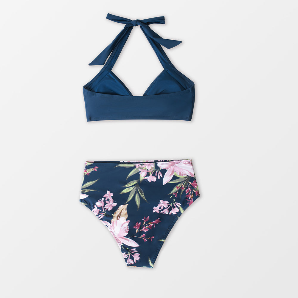 Bikini Azul Floral con Cuello Halter y Escote en V - Cintura Alta