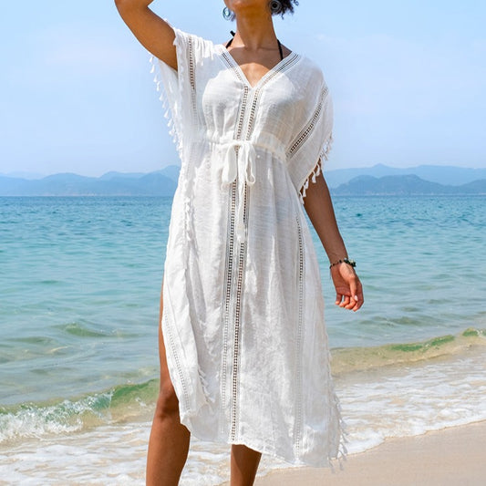 Caftan with Loose Waist and White Tassel Cord