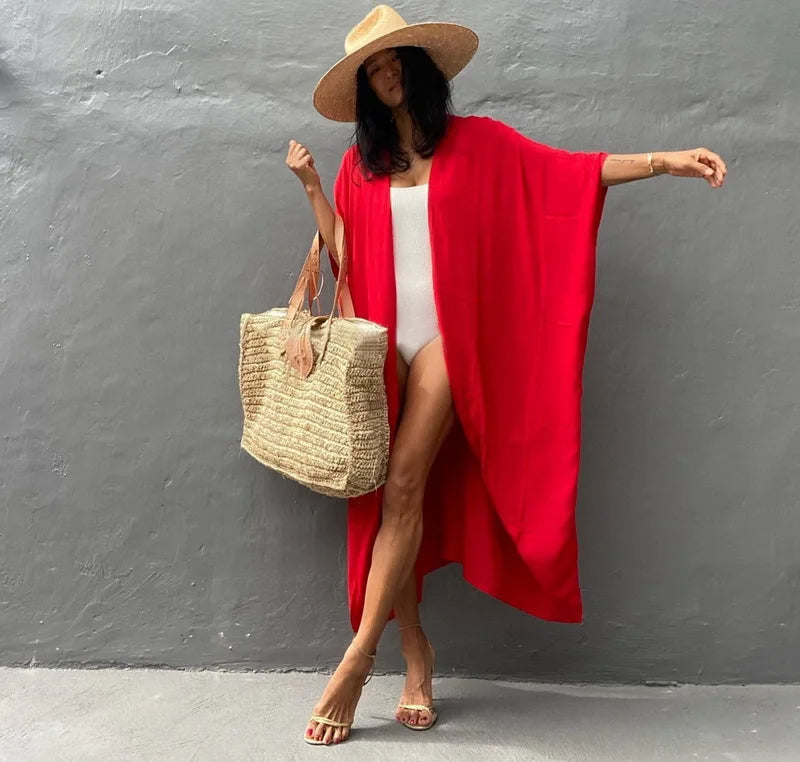 Red Kimono Long Beach Maxi Dress Loose Cardigan