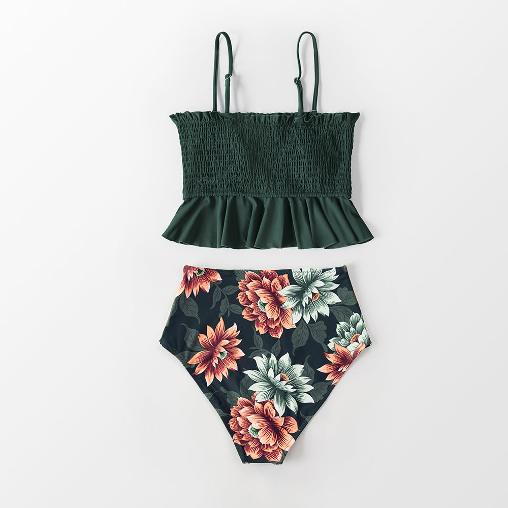 Floral Dark Green Corrugated Ruffled Tankini - High Waist