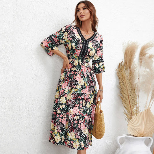 Vintage Floral Short Sleeve Ruffle Long Dress