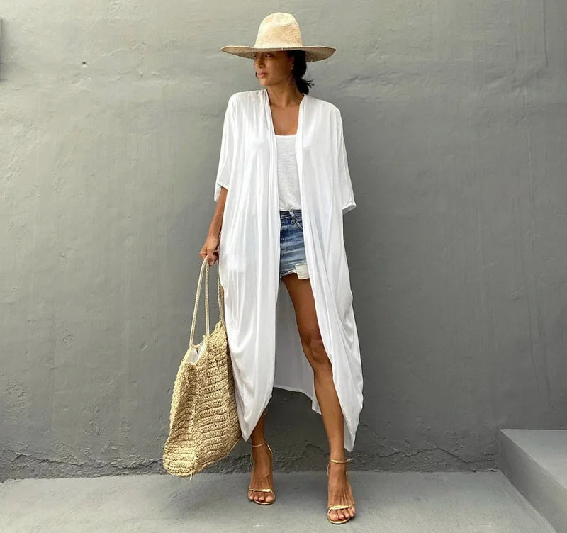 White Kimono Long Beach Maxi Dress Loose Cardigan Mocca Beach Store