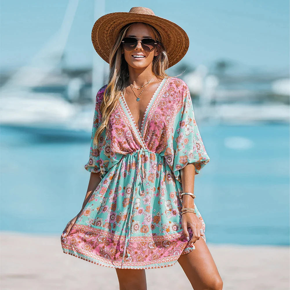 Floral Mini Dress with Drawstring V-Neck and Half Sleeve