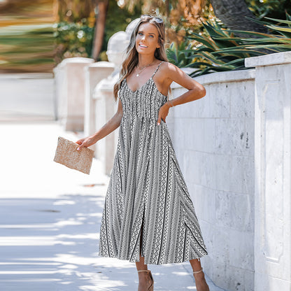 Long Dress with V-Neck and Geometric Print