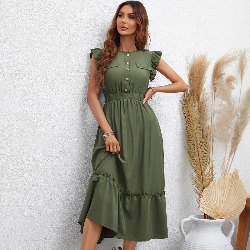 Vestido Verde Olivo Largo con Botones y Cintura Elástica