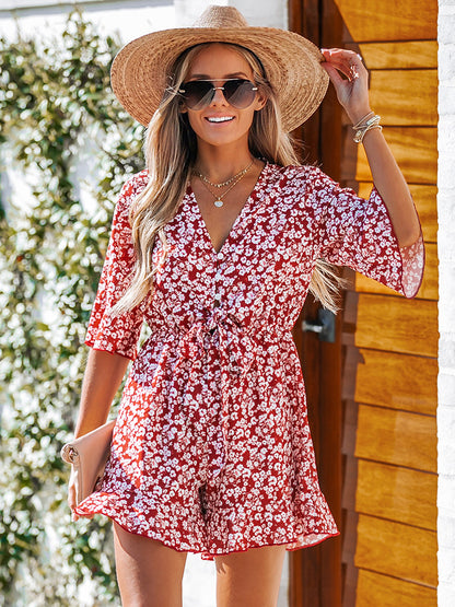 Romper with Floral Bow of Little Red Flowers and V-Neck