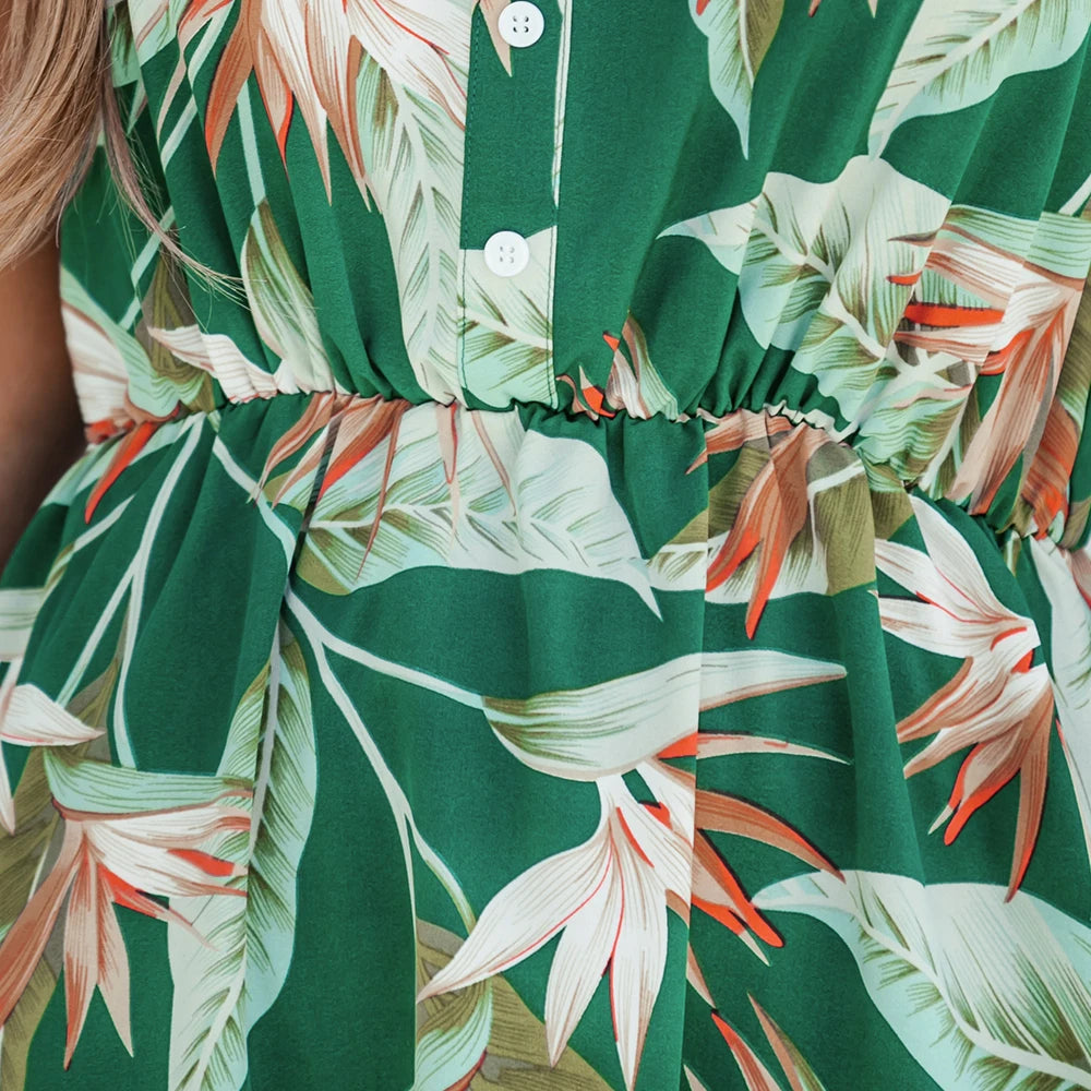 Green Leaf Print V-Neck Flared Midi Dress