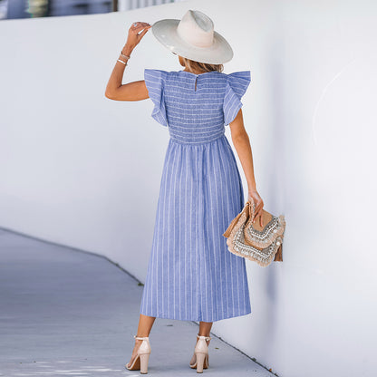 Striped Ruched Midi Dress with Ruffles and Square Neck