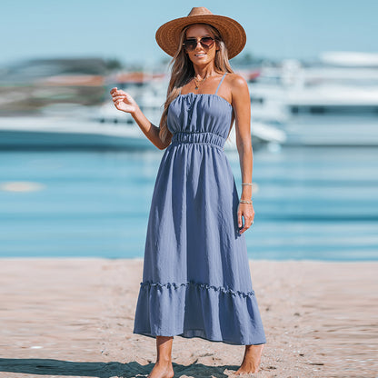 Blue Ruched Midi Dress with Front Bow