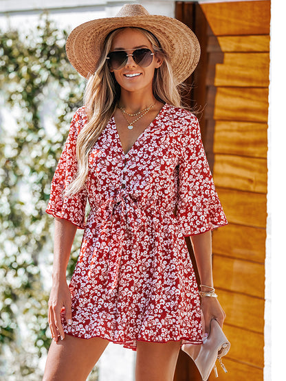 Romper with Floral Bow of Little Red Flowers and V-Neck