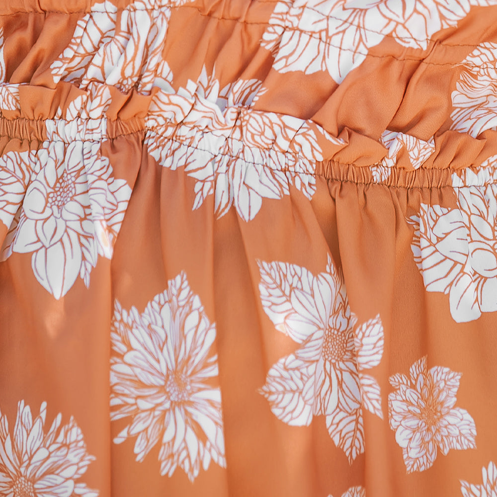 Orange Loose Midi Dress with Floral Print and V-Neck
