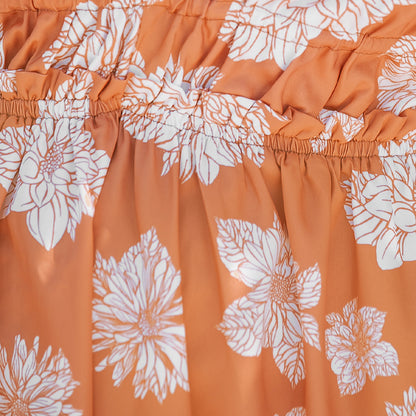 Orange Loose Midi Dress with Floral Print and V-Neck