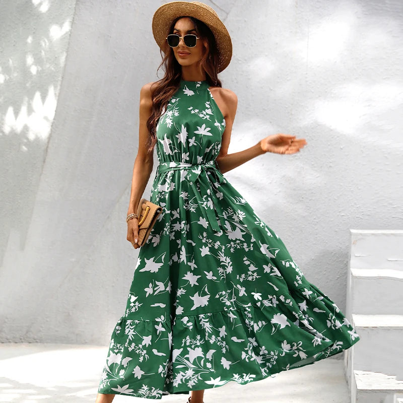 Halter Neck Sleeveless Floral Print Long Dress