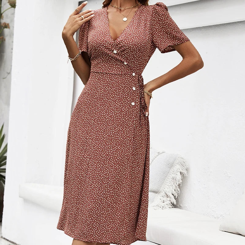 Short Sleeve Midi Dress with Hem Slit