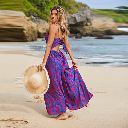 Long Purple Dress with Paisley Print V-Neck and Back Tie