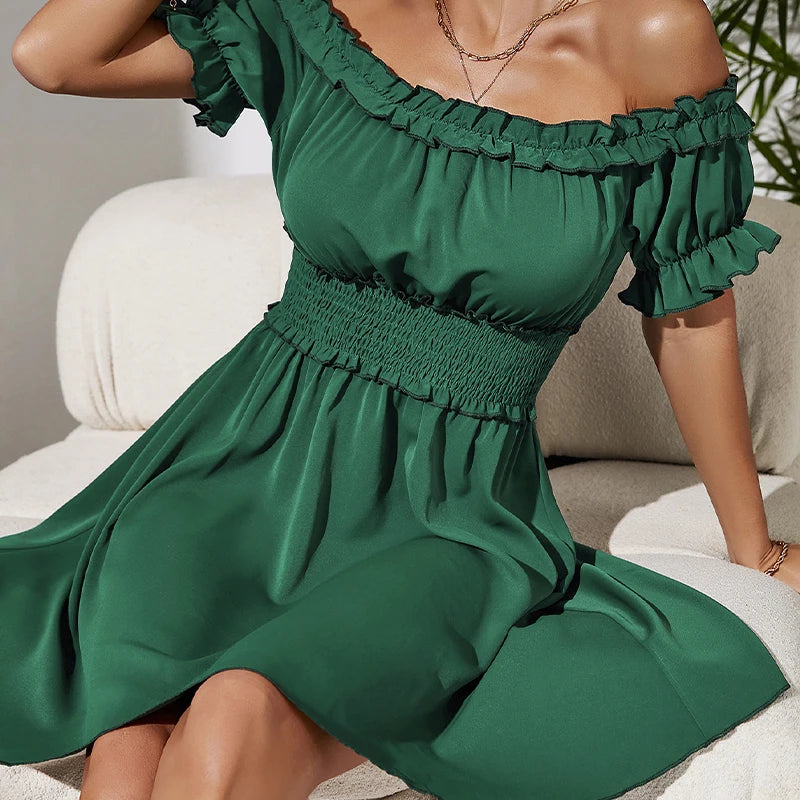 Elastic Waist Short Sleeve One Shoulder Dress Mocca Beach Store