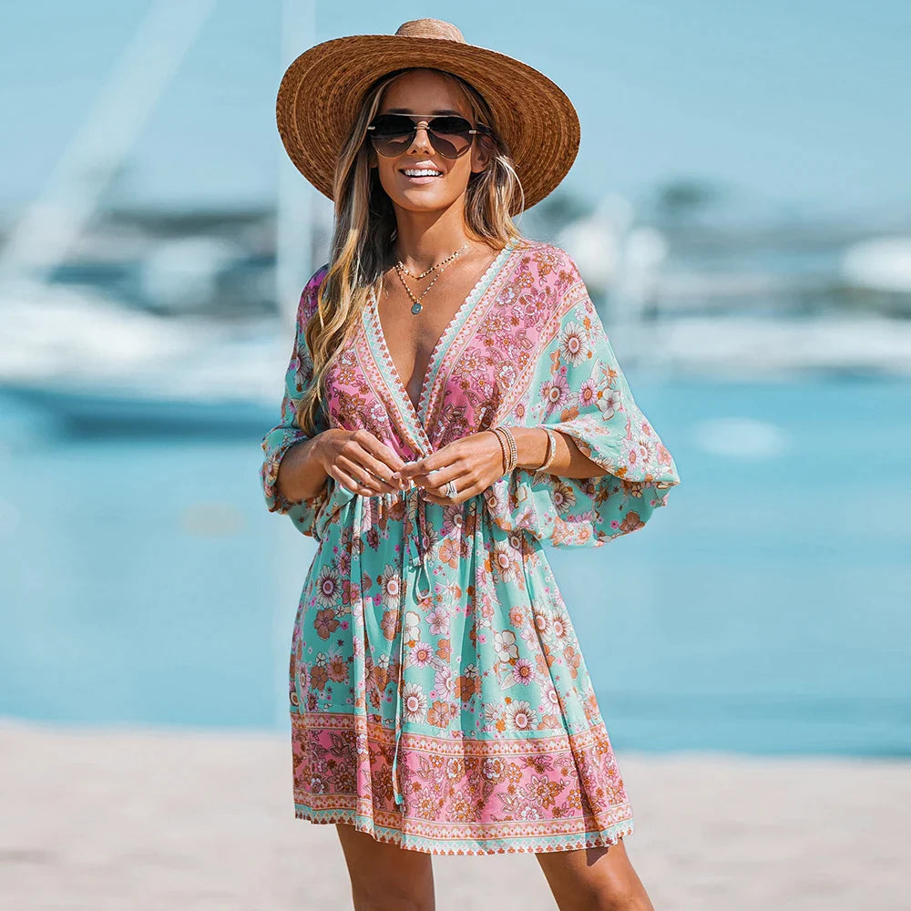 Floral Mini Dress with Drawstring V-Neck and Half Sleeve