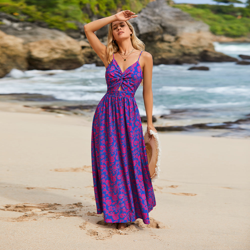 Long Purple Dress with Paisley Print V-Neck and Back Tie