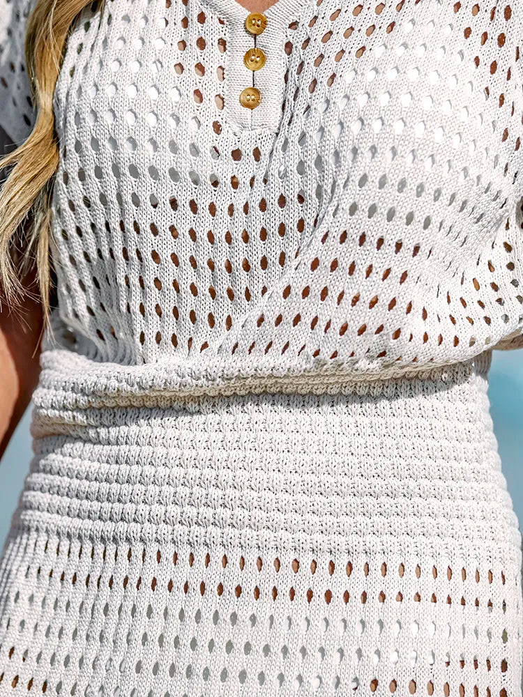Crochet V-Neck Short Sleeve Cropped Mini Dress