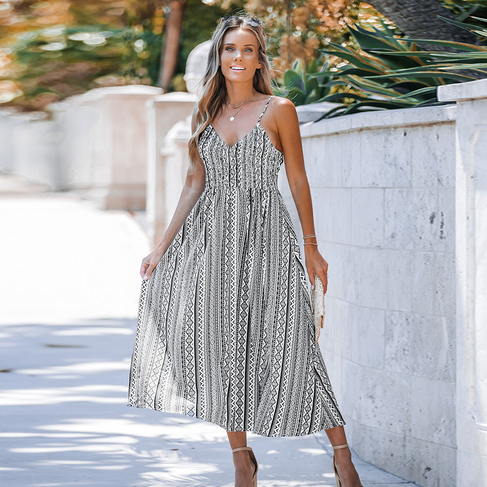 Long Dress with V-Neck and Geometric Print