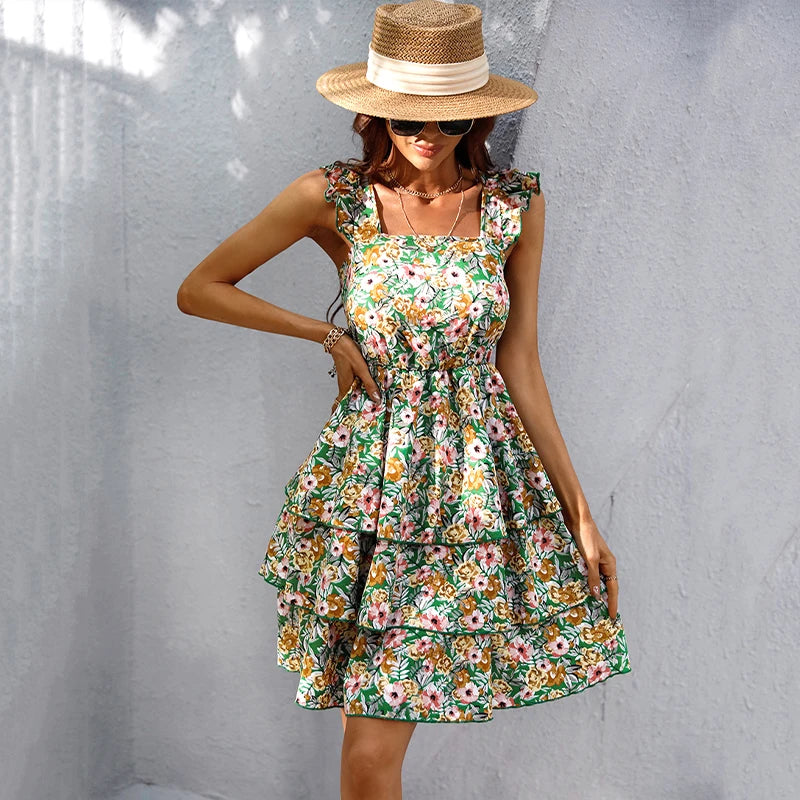 Vestido Floral con Tirantes Gruesos y Nudo Ajustable