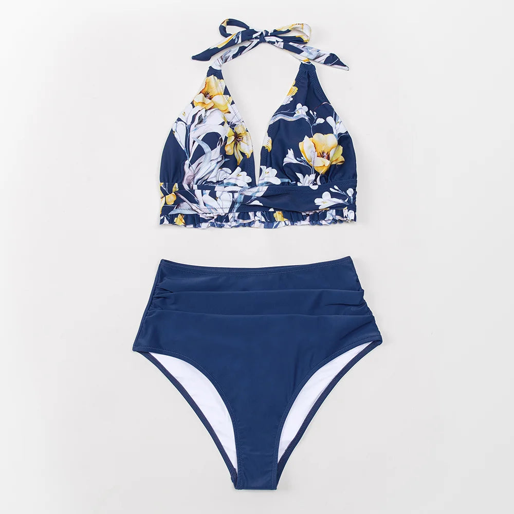 Navy Blue Floral Print Halter Neck Bikini - High Waist
