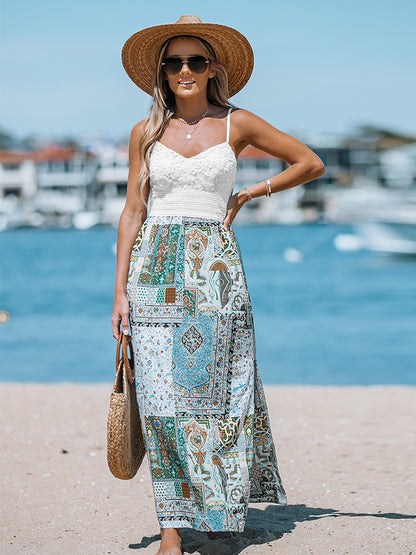 Long Lace Dress with Boho Print and V Neck