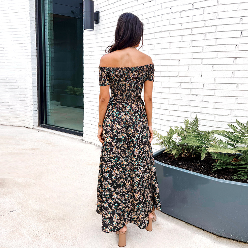 A-Line Floral Print Off Shoulder Maxi Dress