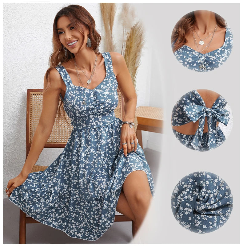 Vestido Azul Floral con Tirantes Gruesos Ajustables