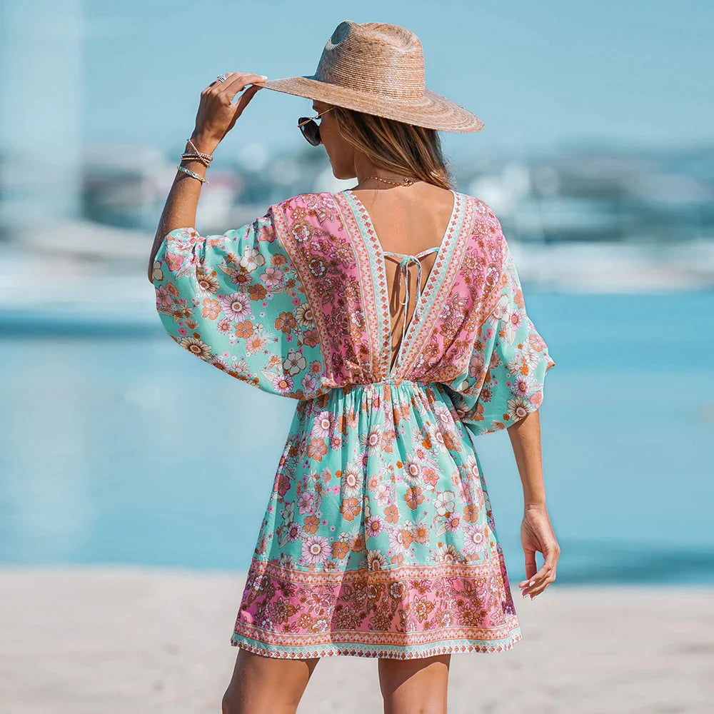 Floral Mini Dress with Drawstring V-Neck and Half Sleeve